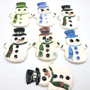 7 Ceramic Snowmen Ornaments Child Painted  Christmas Holiday Handmade